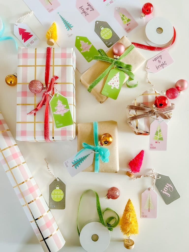 bright and colorful wrapped gifts with free printable gift tags