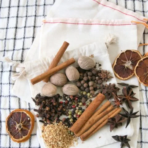 Spices for hot cider or wine arranged on a small cotton bag