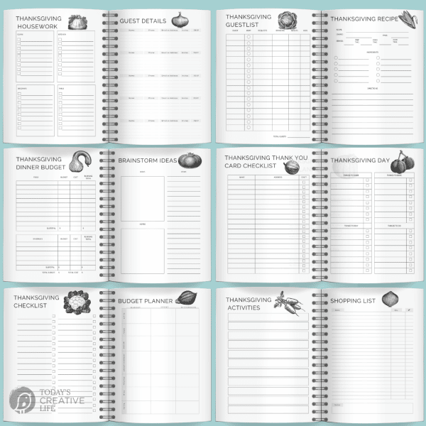 images of pages included in the printable planner for Thanksgiving