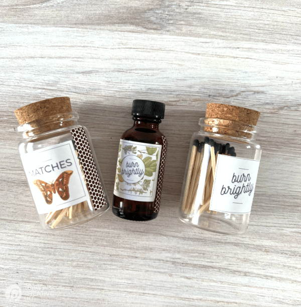 Decorative Matches - small bottles with printable label for wood matches.