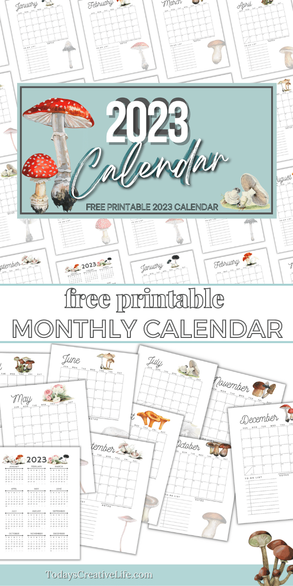 Photo collage of a printable calendar with a mushroom design.