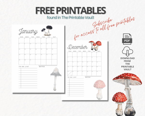 Printable Calendar with mushroom design.