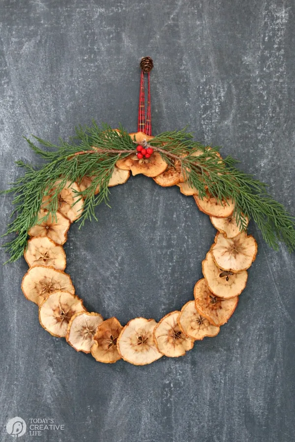 Dried Apple Wreath hanging on a dark grey background.