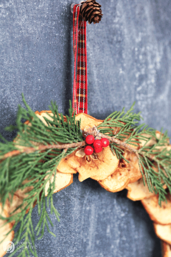 Dried apple wreath with cedar and berries.