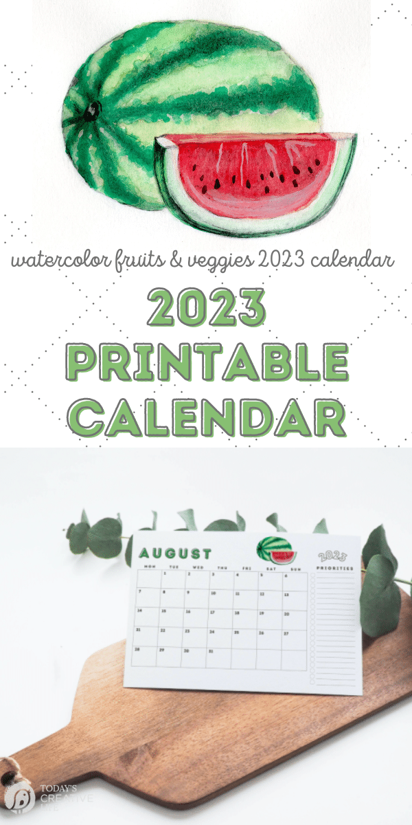 Photo collage - Watercolor watermelon and photo of free 2023 printable calendar page with watermelon.