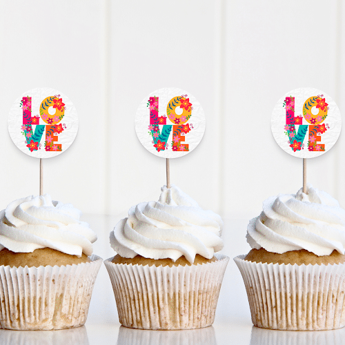 3 cupcakes with LOVE paper toppers