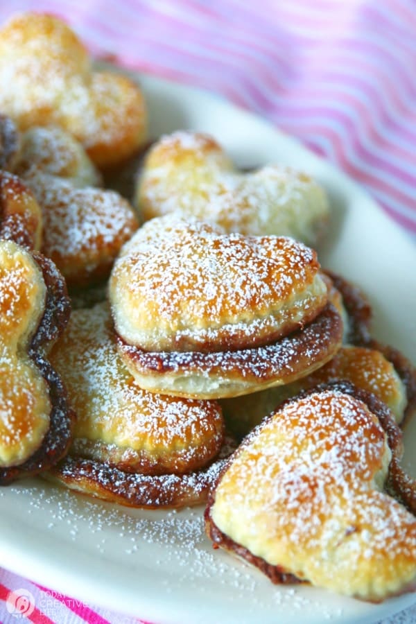 puff pastry hearts filled with chocolate and jam.