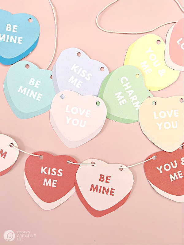 Valentine decor ideas using cutout conversation hearts