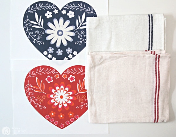 two heart images with 2 cotton dish towels. Supplies for Valentine's Day Craft