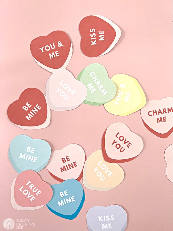 Valentine Decor Ideas with printable conversation hearts.