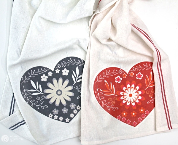 dish towels with red or grey heart design ironed on for DIY Valentine's Day Decor