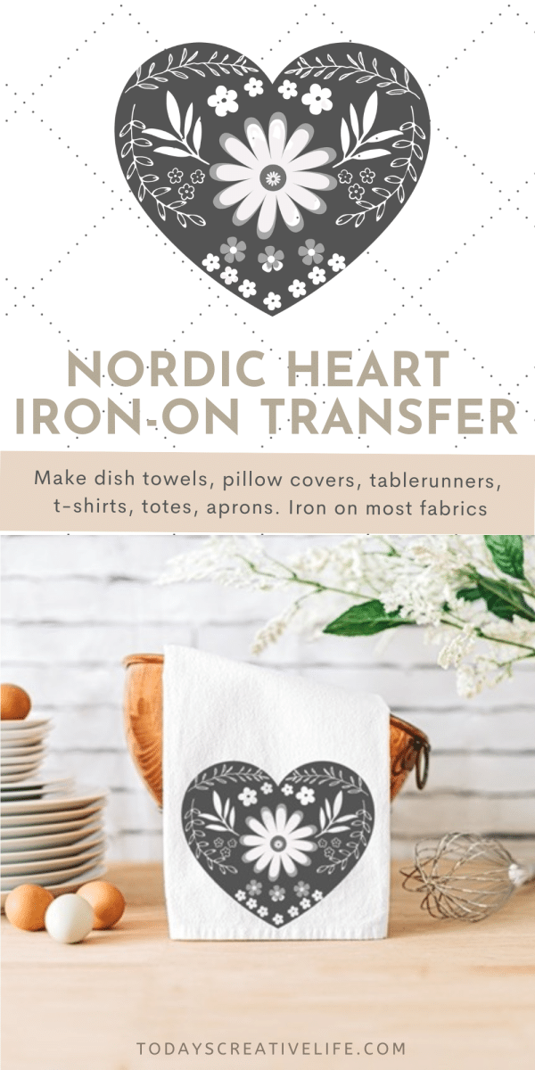 photo collage with large nordic designed grey heart on a white tea towel for the kitchen. 