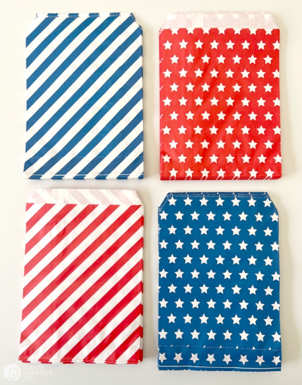 Red, white and blue paper bags for making patriotic paper bag stars.