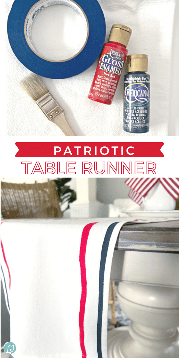 photo collage| Supplies for making a patriotic table runner and a photo of a white table runner with a red and blue stripe.