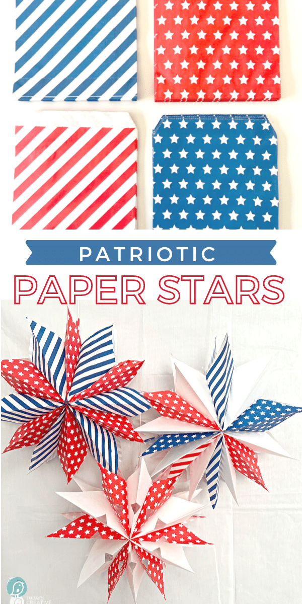 Patriotic Paper Bag Stars. Red, White and Blue paper bags for crafting paper stars.