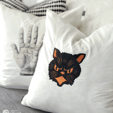 two Halloween Pillows. One with a black cat face and one with a palm