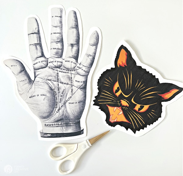 Vintage black cat face and vintage palm reading images for Halloween crafting.