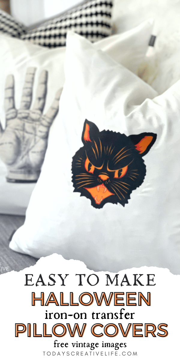 Halloween Pillow Cover with vintage images. Black cat face and reading palm.