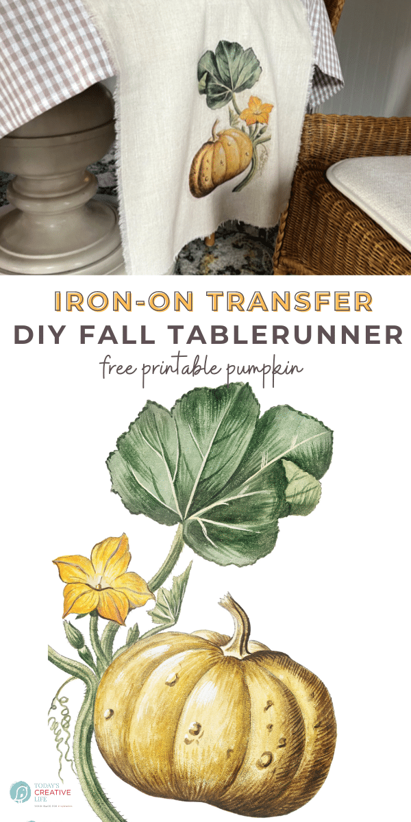photo collage for fall DIY decor using iron-on transfer paper. Botanical pumpkin design on table runner.