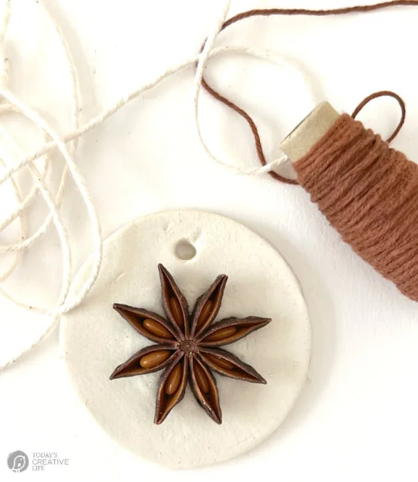 White round piece of dried clay with a star anise seed in the middle.