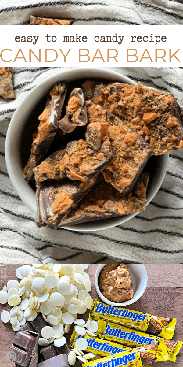 photo collage of butterfinger candy bark recipe. 