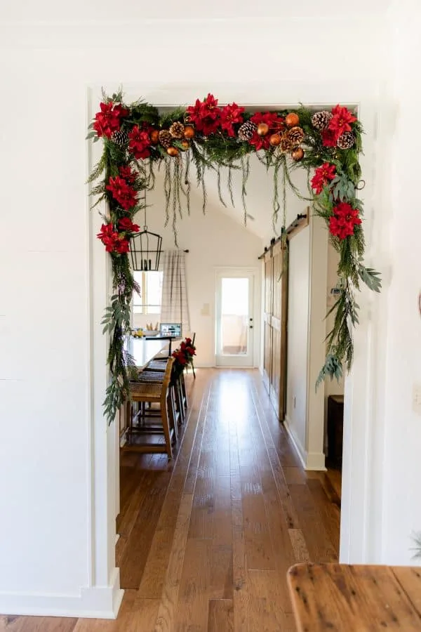 Hallway decorated for Christmas.