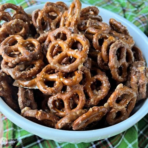 Bowl of homemade butter toffee pretzels recipe.