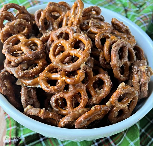 Bowl of homemade butter toffee pretzels recipe.