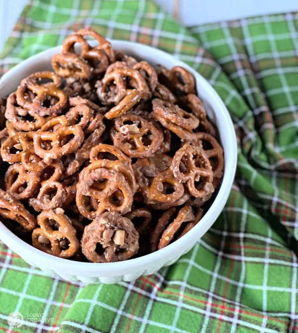 Bowl of Toffee Pretzels in white bowl