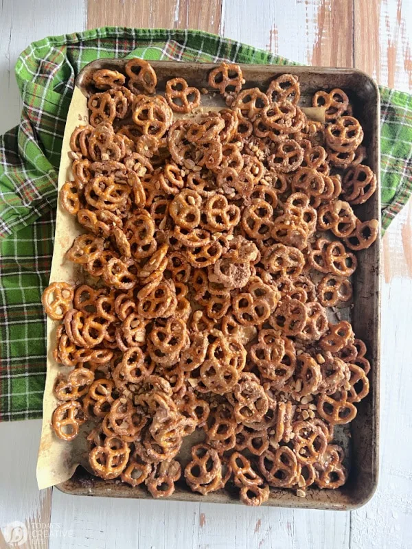 Pretzels spread out on a baking sheet