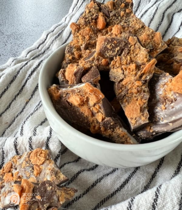 Bowl of Butterfinger Candy Bark. 