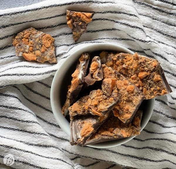 bowl of butterfinger candy bark recipe. 