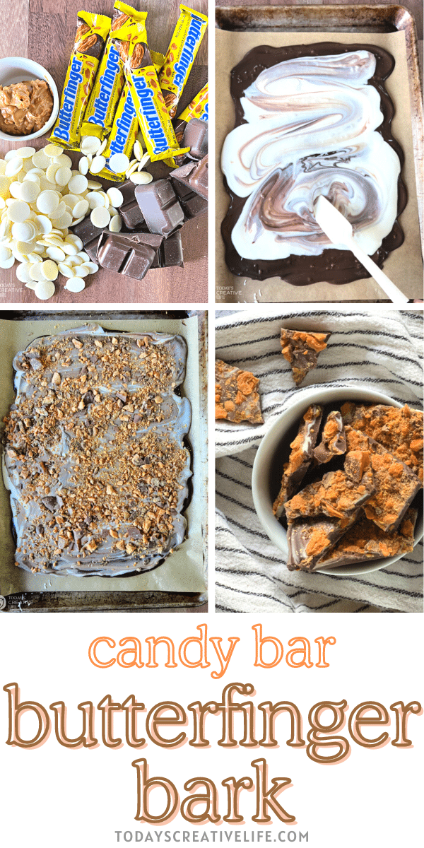 Photo collage of a candy bark recipe for butterfinger candy bark.