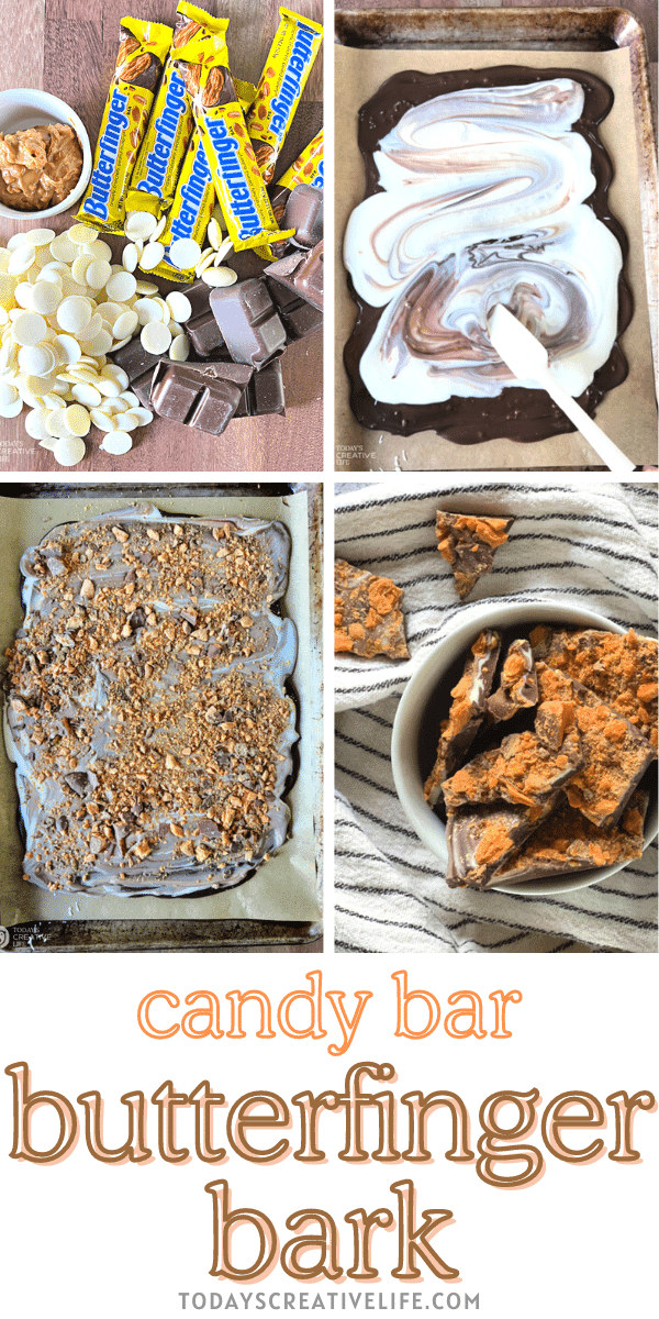 Photo collage of a candy bark recipe for butterfinger candy bark.