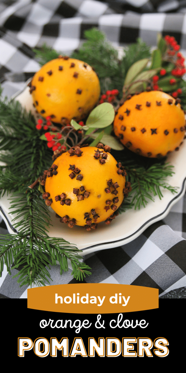 Photo of Orange clove pomanders on a white plate with evergreen greens. 