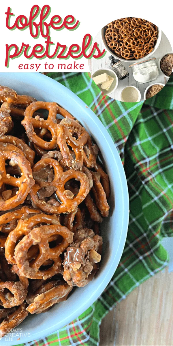 Photo collage for homemade butter toffee pretzels recipe. White bowl filled with toffee pretzels and a photo of ingredients.