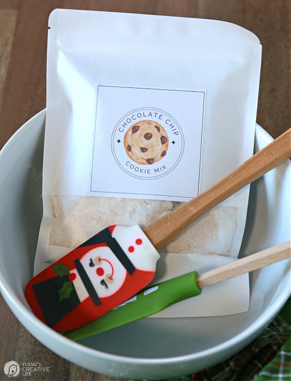 Bag of chocolate chip cookie mix with holiday theme spatulas