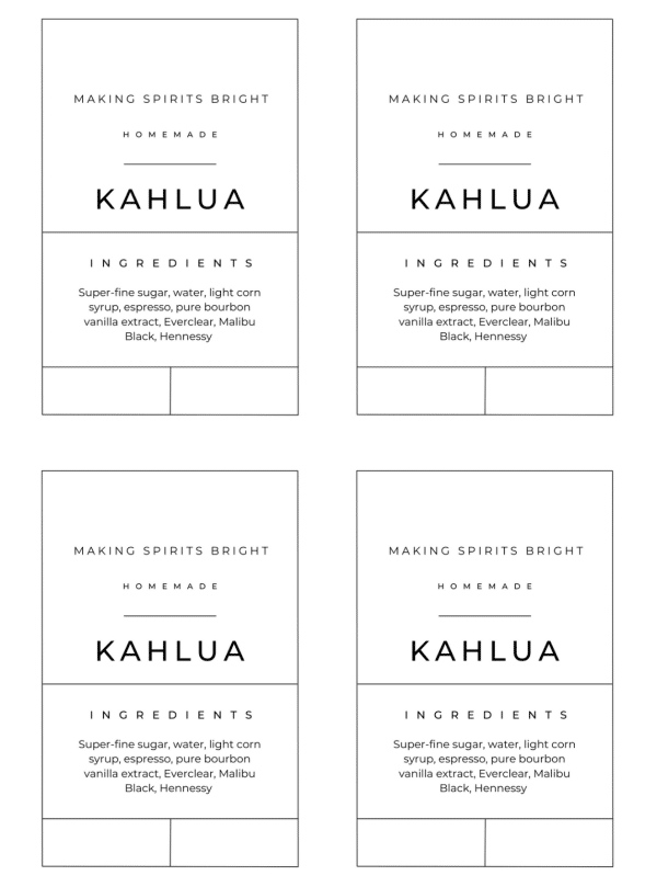 Labels for homemade Kahlua 