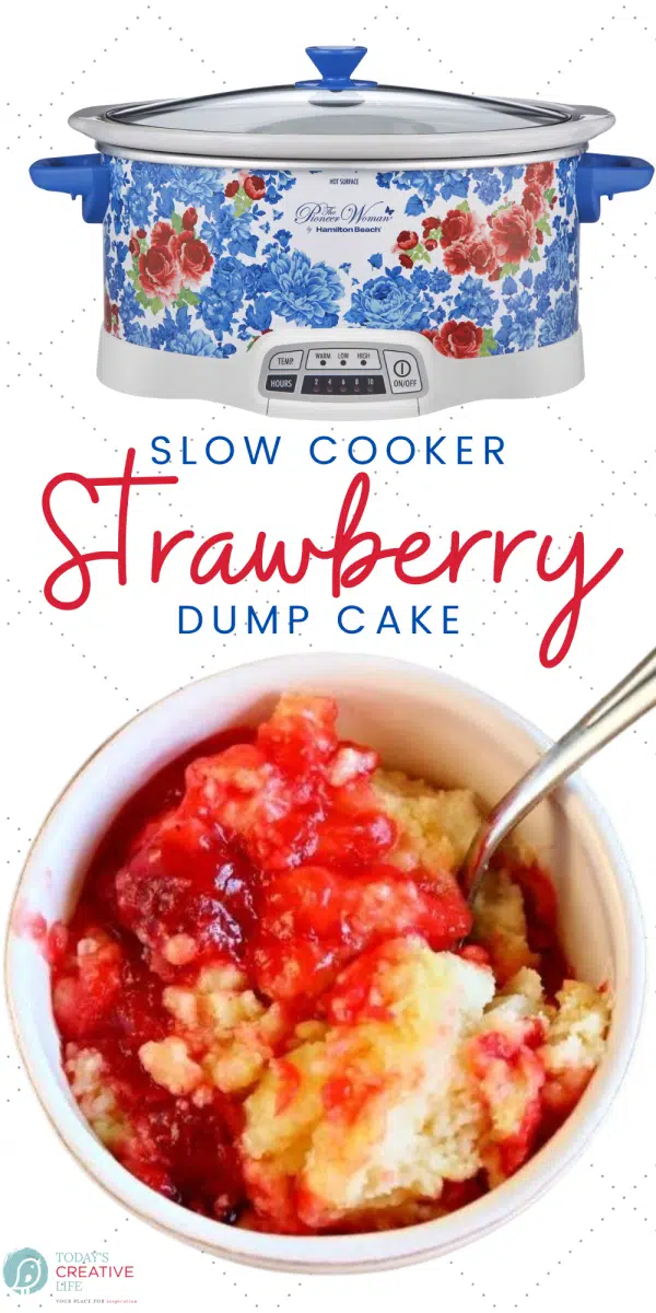 photo collage of an overhead shot of Slow Cooker Strawberry Dump Cake