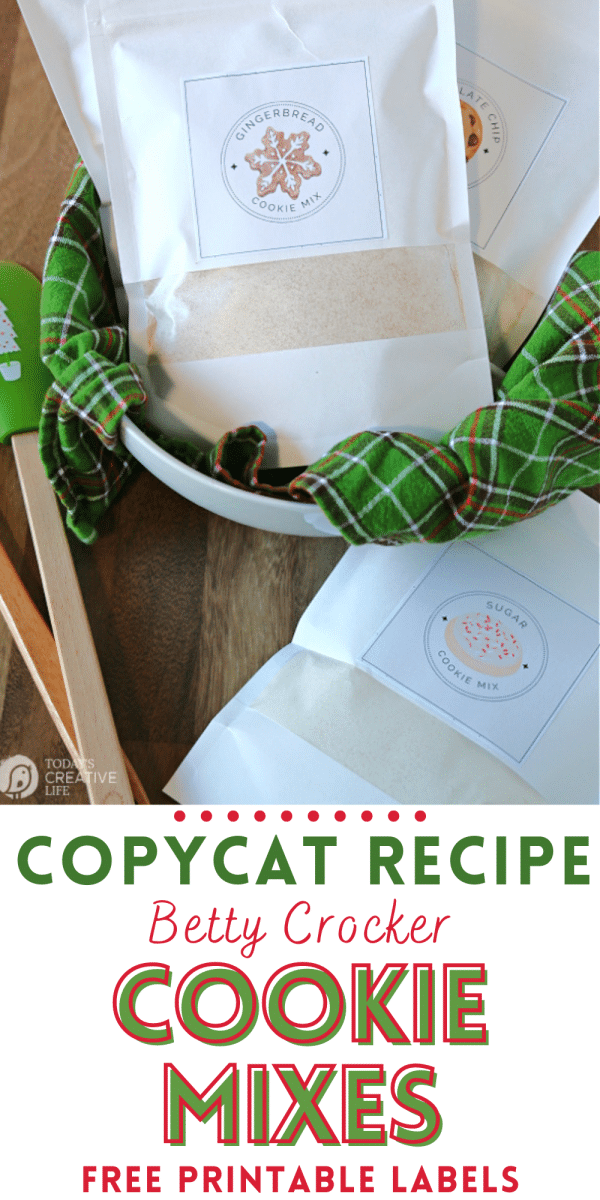 Photos for Pinterest. Had cookie mix in white bags sitting in a white bowl lined with a green plaid dish towel.