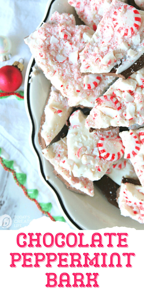 Recipe for Peppermint Bark with layers of milk and white chocolate and crushed peppermint candies on top. 