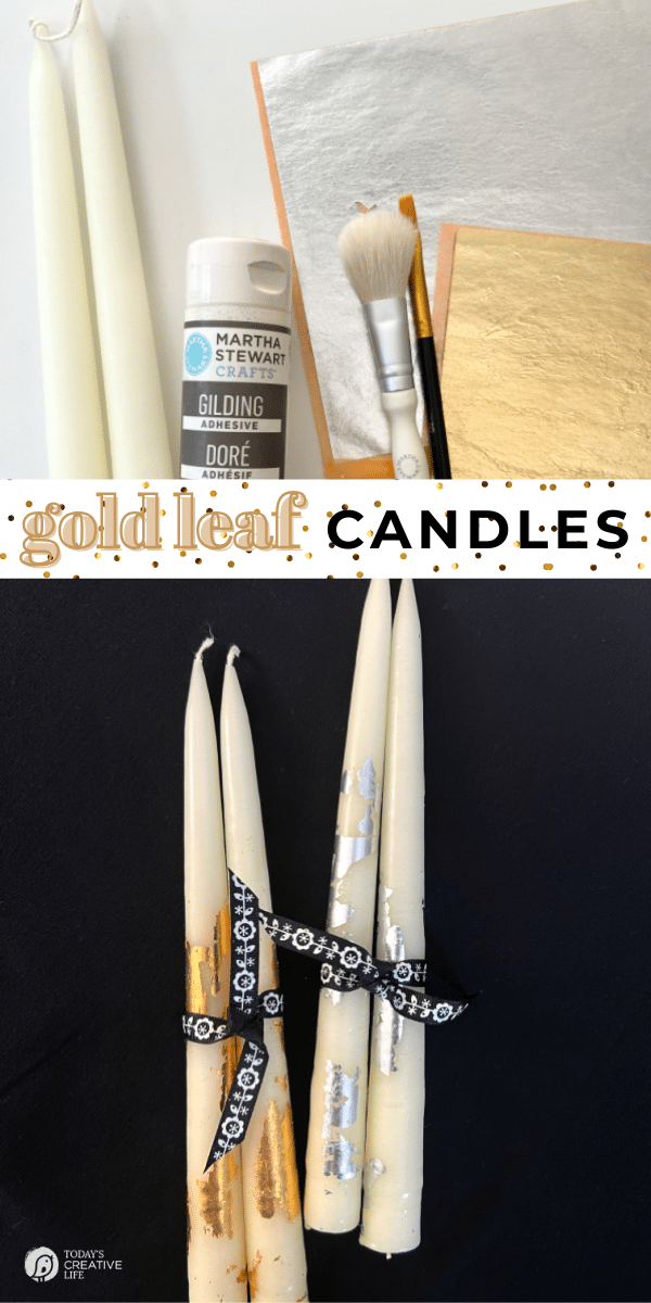 photo collage - DIY gold leaf candles - craft supplies and finished gold leaf candles on black background. 