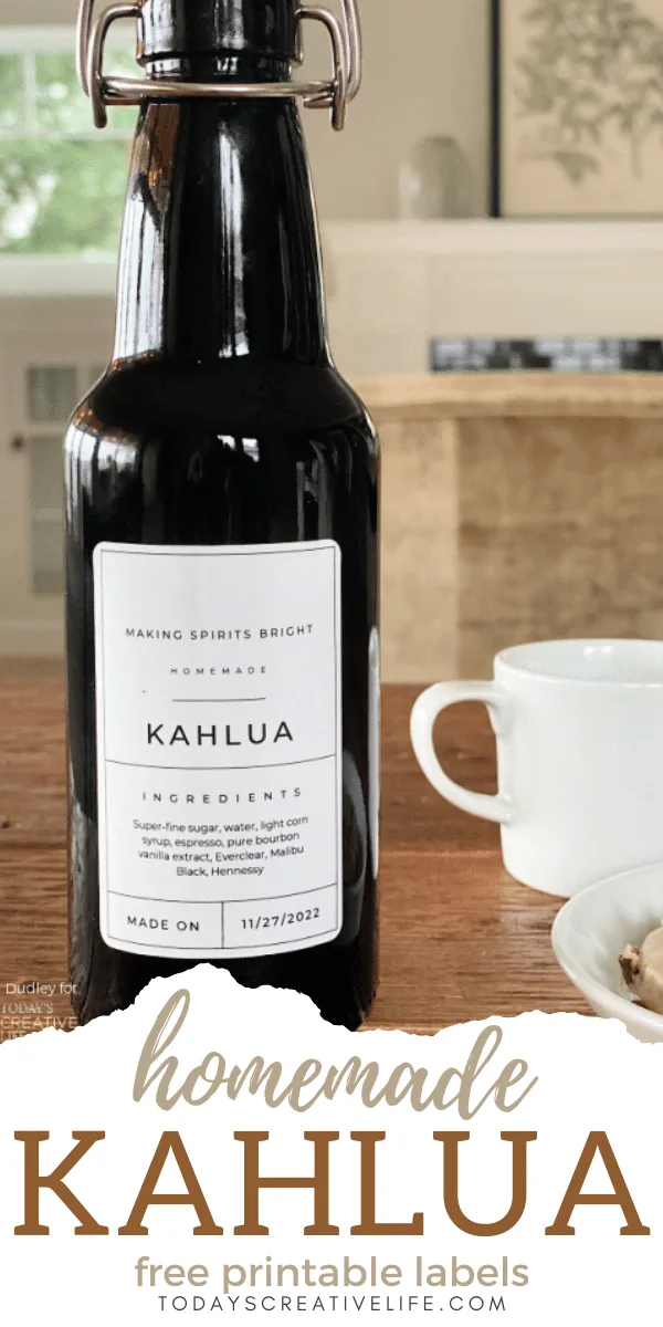 Homemade Kahlua Recipe - Brown bottle with white coffee cup. 