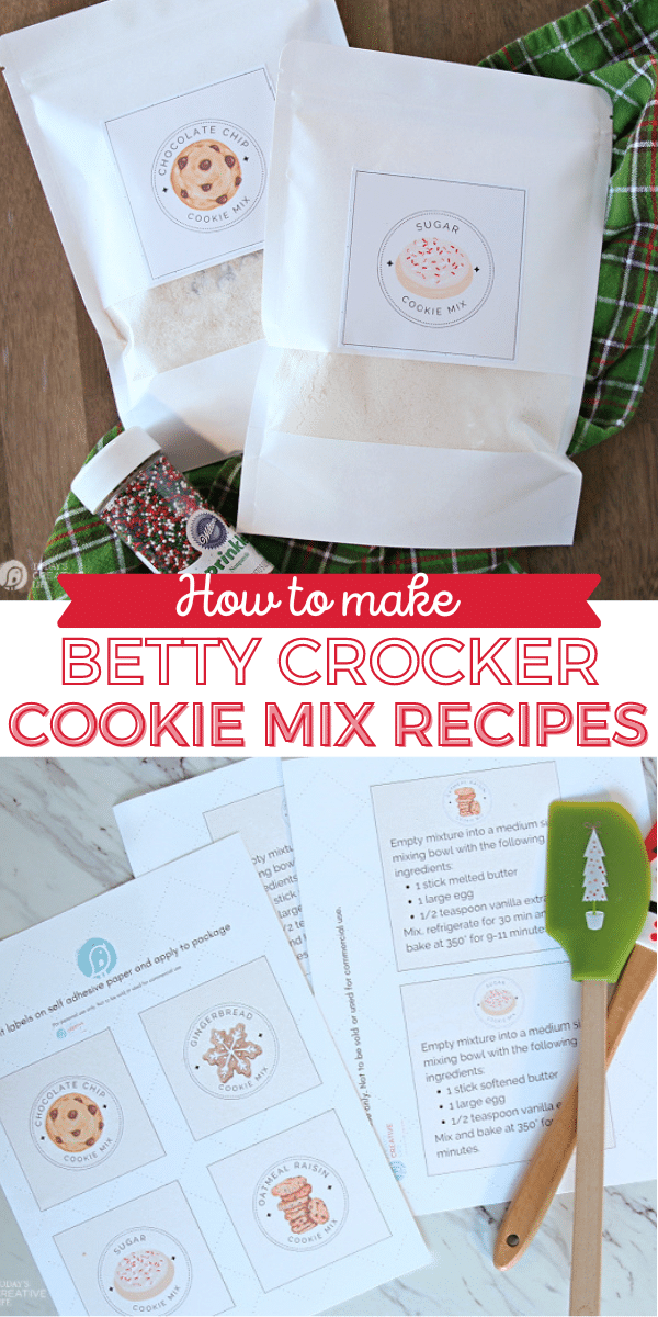 photo collage of copycat Betty Crocker cookie mixes in a bag and labels. 