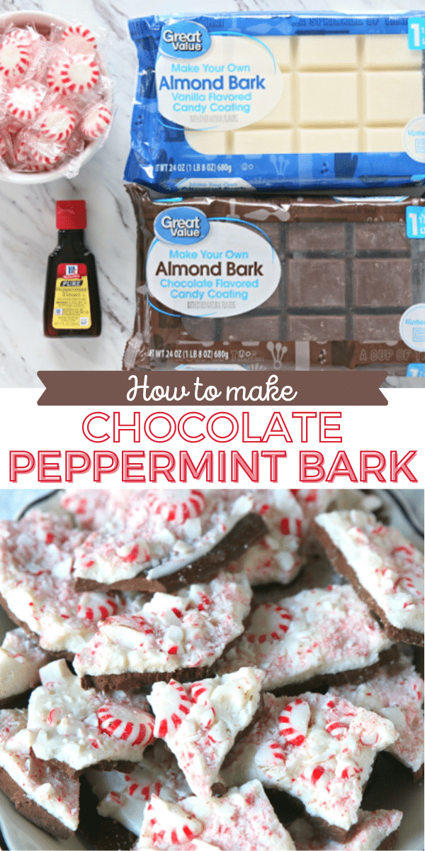 photo collage of peppermint bark recipe. Ingredients and finished product. 
