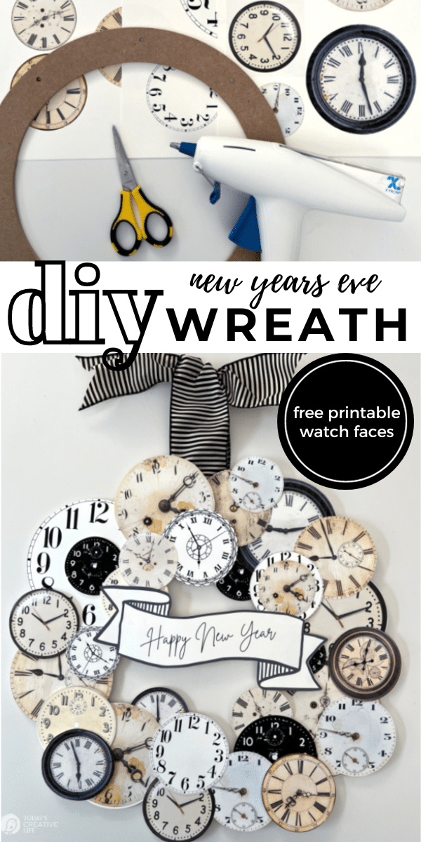 New Year's Eve Craft for a NYE Wreath made with printable paper watch faces.