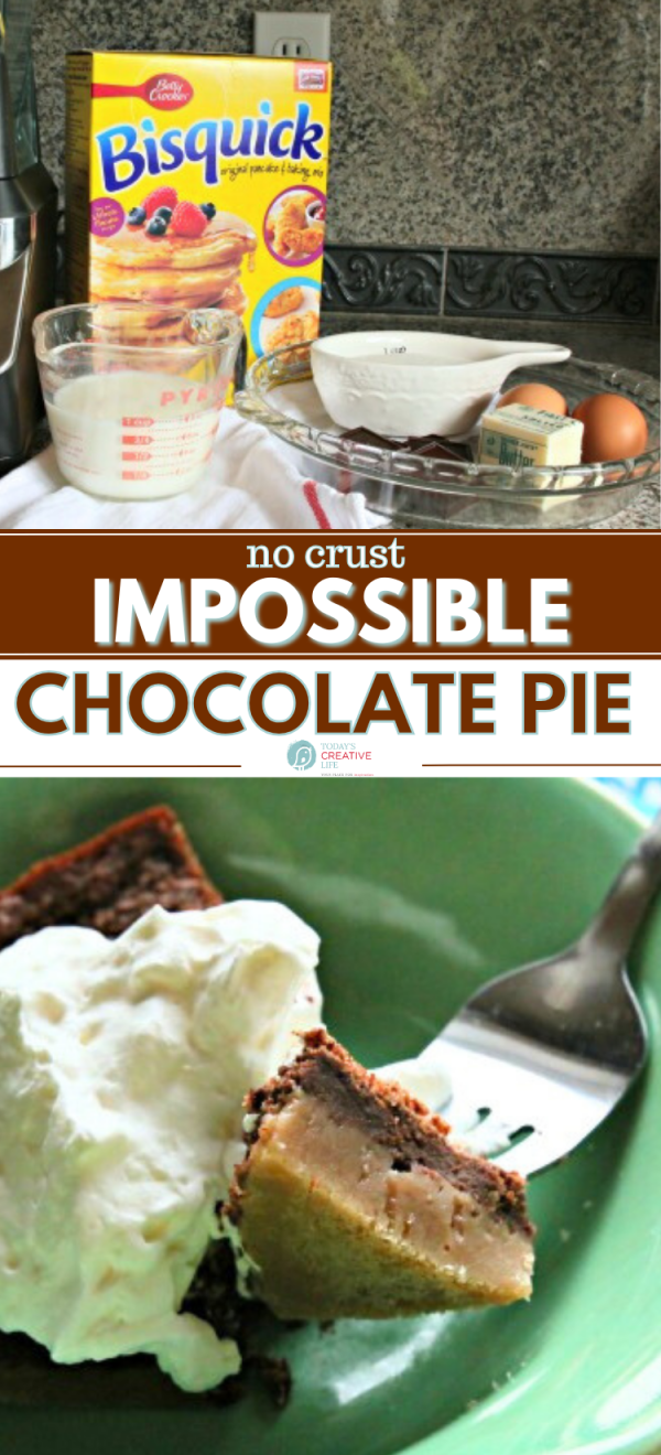 photo collage of the ingredients to make Impossible Chocolate Pie and then a photo of the baked pie. 