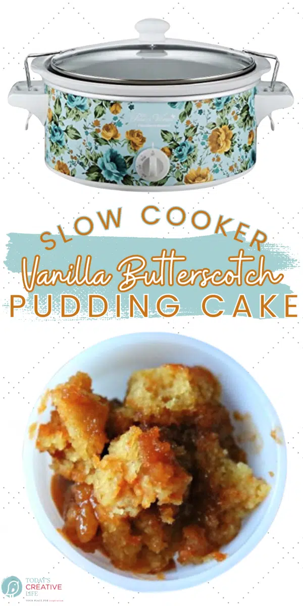 photo collage for crockpot vanilla butterscotch pudding cake. A crockpot and a cup with cake.