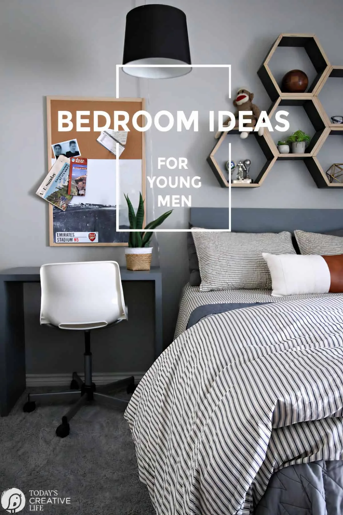 Bedroom decorated in greys for young men.