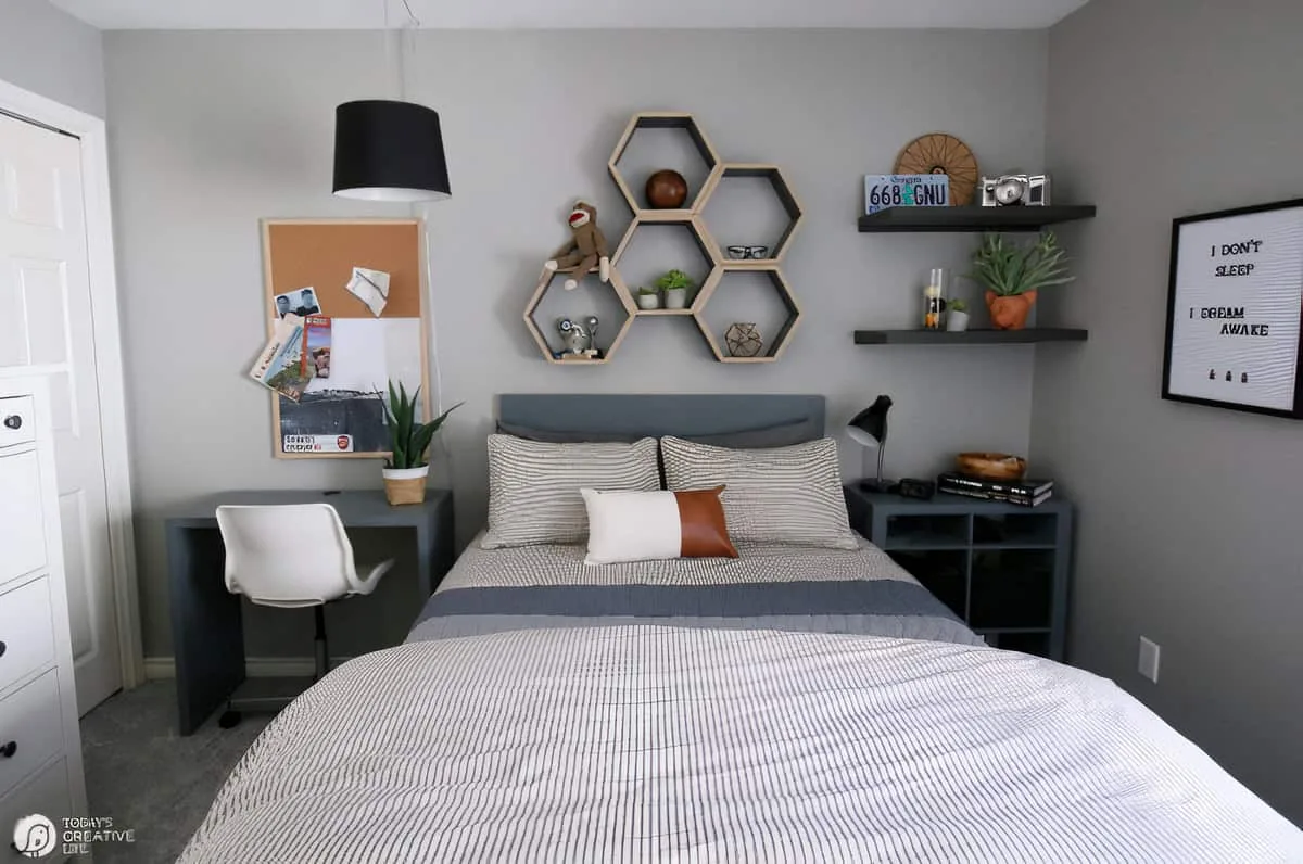 A bedroom decorated for young men.